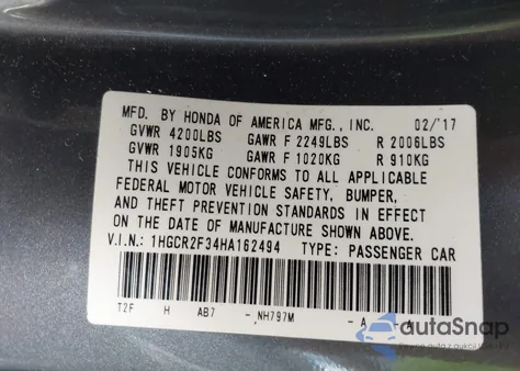 2017 Honda Accord Lx из США, поврежденный, VIN 1HGCR2F34HA162494